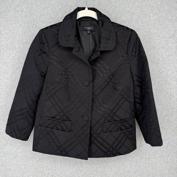 Talbots Textured Blazer Jacket Size 6 Petite Black Windowpane Crop Classic EUC - Picture 1 of 12